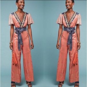 NWOT Anthropologie Akemie and Kin Embroidered Bohemian Wrap Orange Gold Jumpsuit